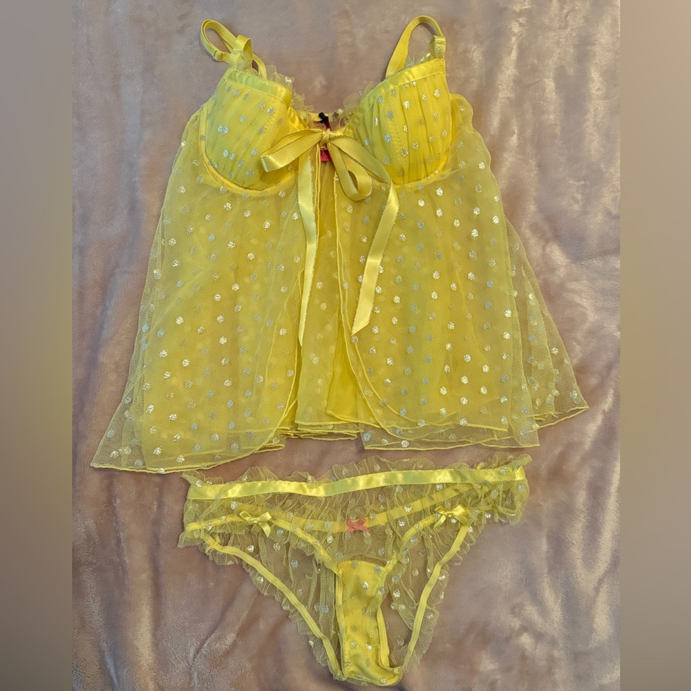 Victoria’s Secret Sexy Little Things Yellow Sheer Lingerie Set with Polka Dots